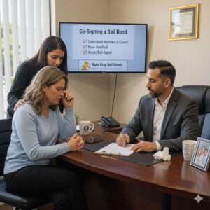 A professional bail agent at Bada Bing Bail Bonds explaining the co-signing process to a concerned client in a Ventura County office.