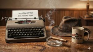 Rustic noir-style illustration featuring a vintage Bada Bing Bail Bonds neon sign and classic detective office elements, symbolizing professional California bail bond services.