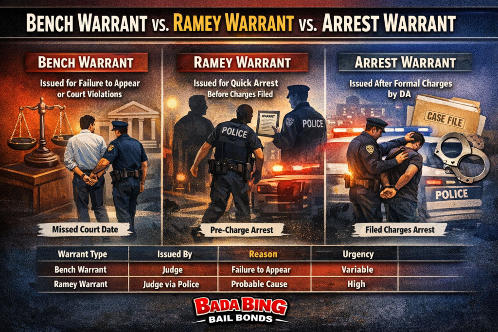 Infographic comparing a bench warrant, Ramey warrant, and arrest warrant in California, showing who issues each warrant, why it is issued, and the level of urgency, with law enforcement and court visuals and Bada Bing Bail Bonds branding.