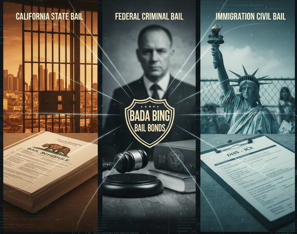 Confused by state, federal, or immigration bail? Learn about California bail schedules, federal Nebbia hearings, and ICE bond requirements from Bada Bing Bail Bonds.