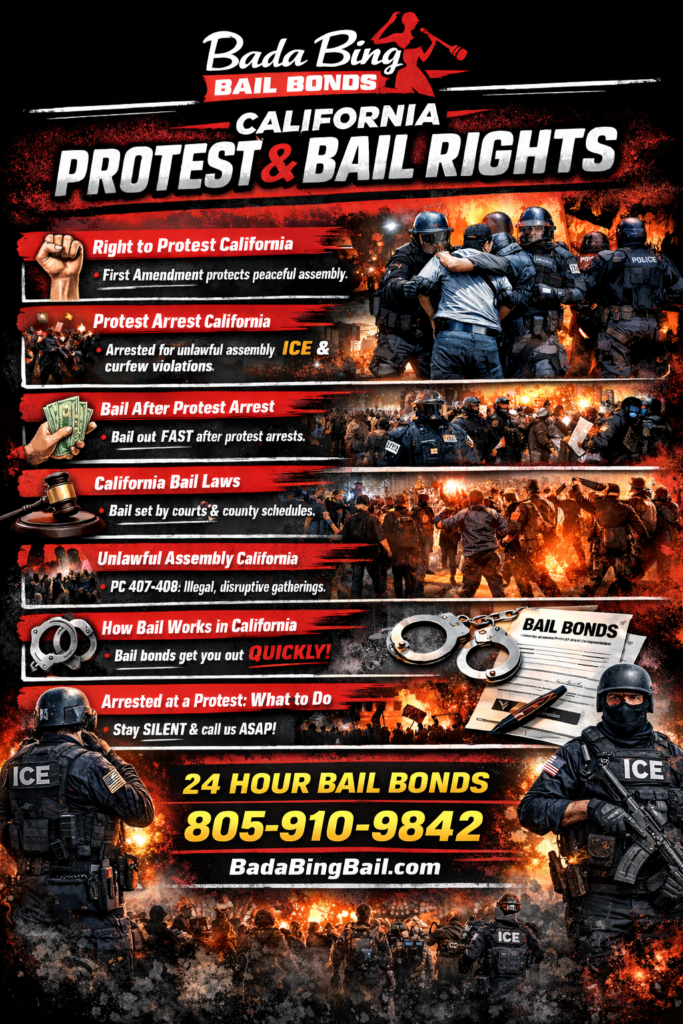Action-packed infographic for Bada Bing Bail Bonds titled “California Protest & Bail Rights,” showing protest scenes, police and ICE officers, and key legal information about the right to protest in California, protest-related arrests, unlawful assembly laws, and how bail works after an arrest. The image highlights fast bail services with a 24-hour contact number 805-910-9842 and BadaBingBail.com, emphasizing the right to bail after protest or ICE-related arrests in California.