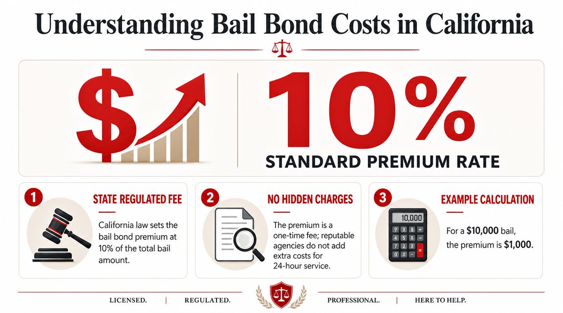 An infographic explaining California bail bond costs, stating a standard 10 percent state regulated premium rate.
