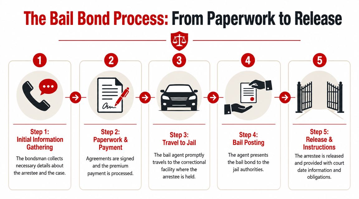 A five-step infographic showing the bail bond process from initial information gathering to the arrestee's release.