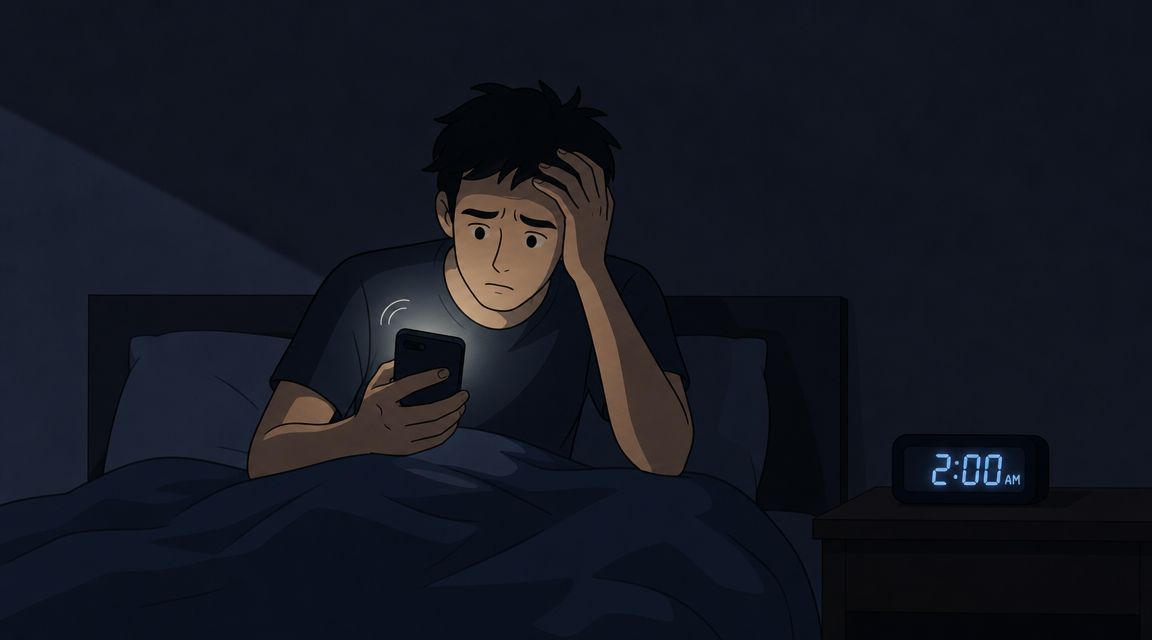 A young man looking stressed at his phone in bed late at night at 2:00 AM.