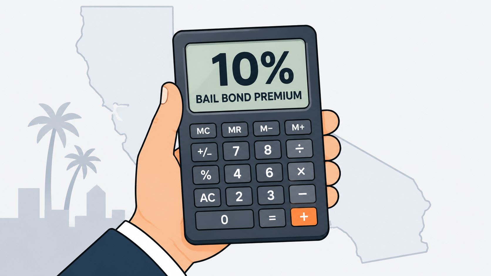 A calculator displaying a 10% bail bond premium held in front of a California state map outline.