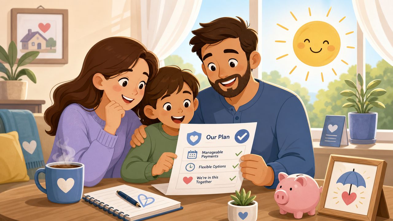 A happy family looking at a document labeled Our Plan, featuring checkmarks for manageable payments and flexible options.