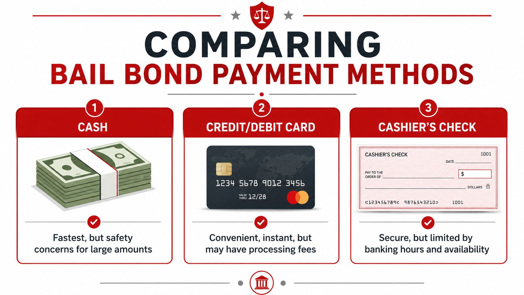 An infographic comparing three common methods for paying bail bonds: cash, credit or debit cards, and cashier checks.