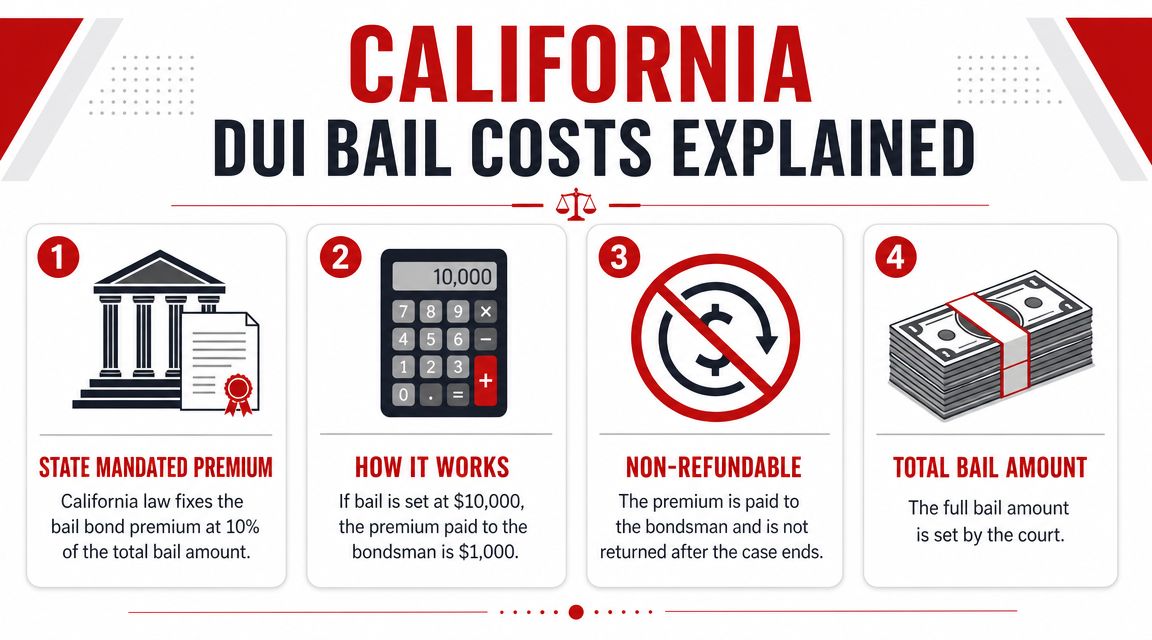 An infographic explaining California DUI bail bond costs, including the 10 percent premium and non-refundable fees.