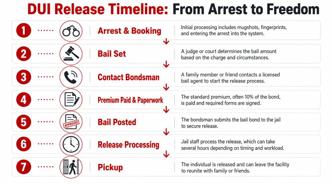 A seven-step flowchart infographic illustrating the DUI bail release process from initial arrest to final pickup.
