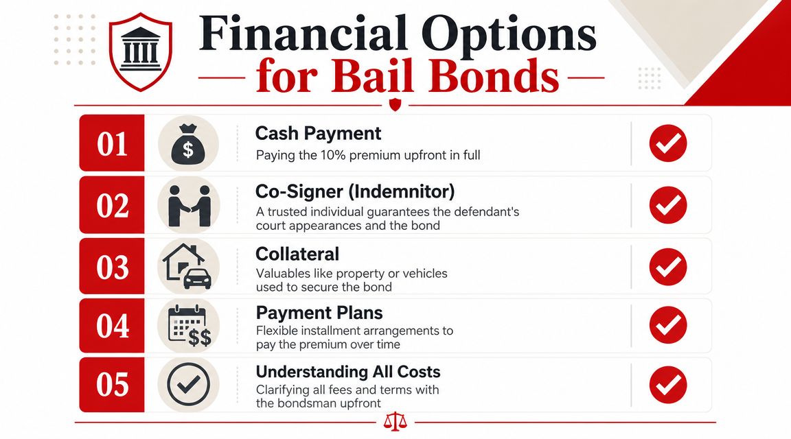 An infographic titled Financial Options for Bail Bonds outlining five methods for paying bail bond fees.