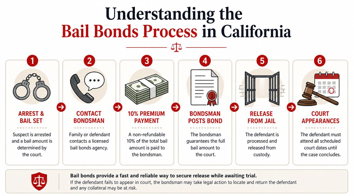 A six-step infographic explaining the bail bonds process in California, from arrest to court appearances.