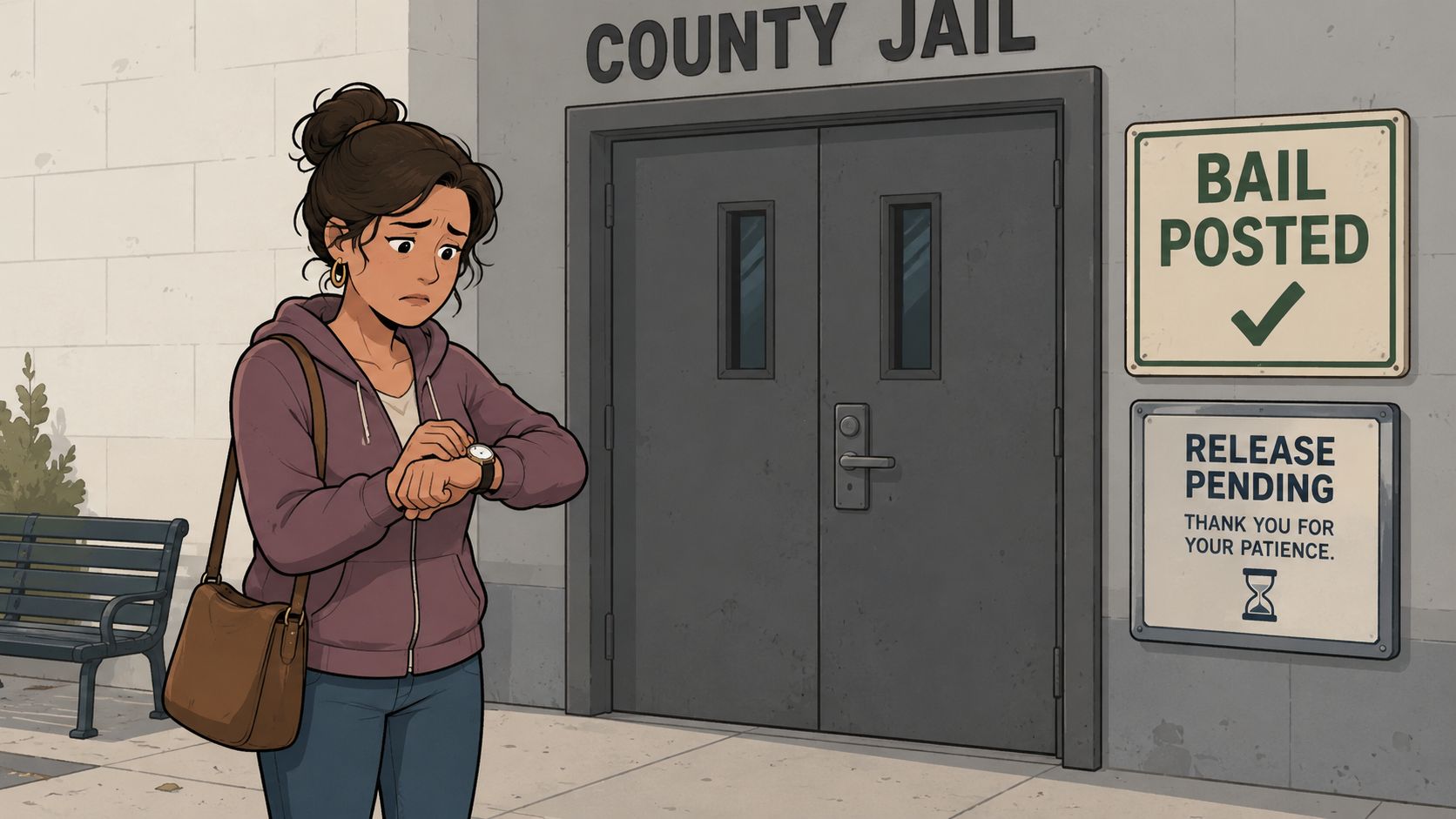 A worried young woman checks her watch while waiting outside the county jail for a prisoner's release.