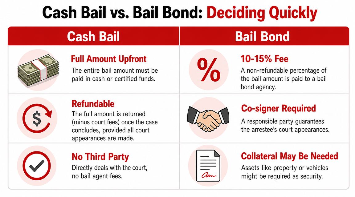 A comparison chart outlining the key differences between paying cash bail versus obtaining a bail bond.