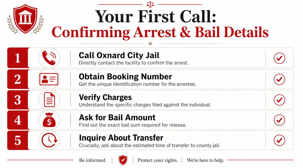 An infographic titled Your First Call, detailing five essential steps for confirming an arrest and bail in Oxnard.
