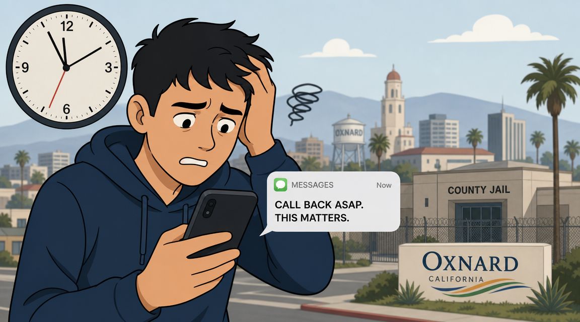 A concerned person holding a smartphone showing an urgent message with Oxnard County Jail in the background.