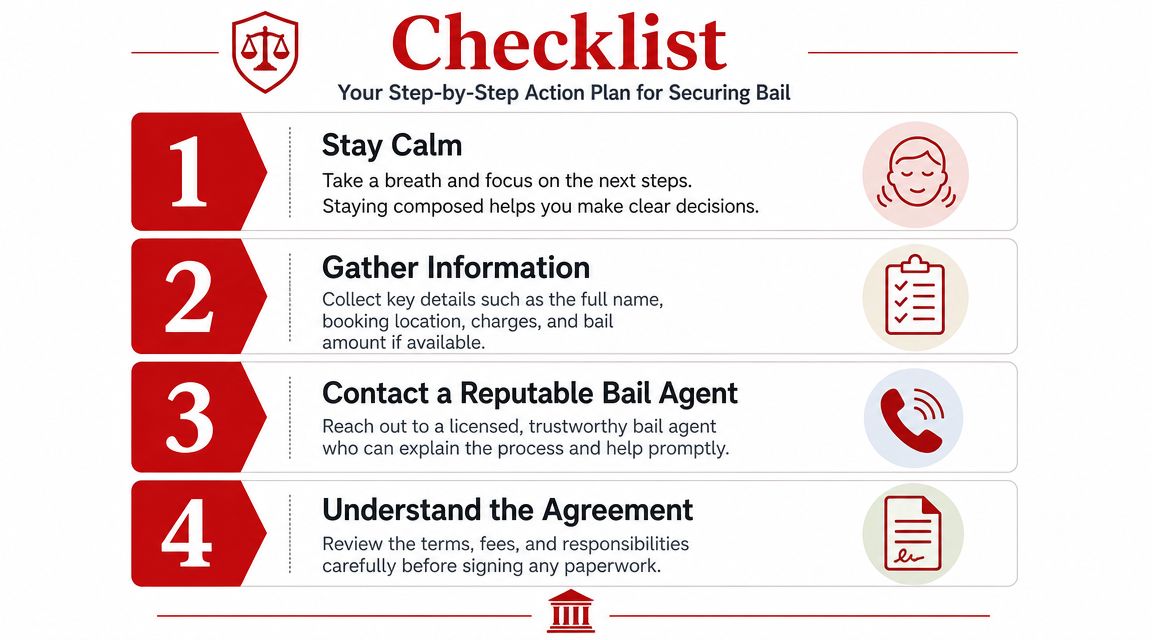 A four-step infographic checklist guiding people through the essential steps of the bail bond process.