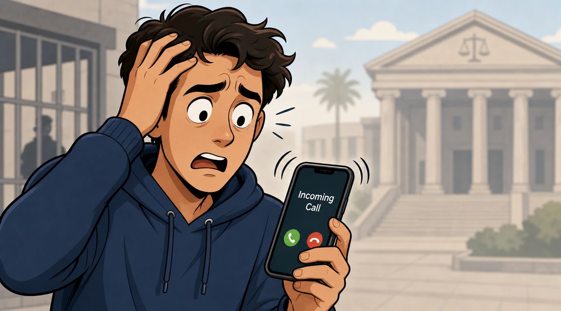 A panicked young man staring at his ringing phone in front of a courthouse building.