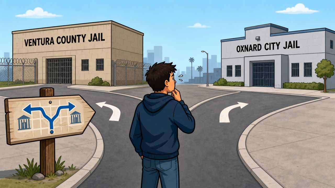A young man standing at a fork in the road facing two different jail facility buildings.