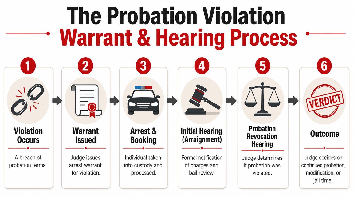 A flowchart infographic illustrating the six-step process for handling a probation violation and court hearing.