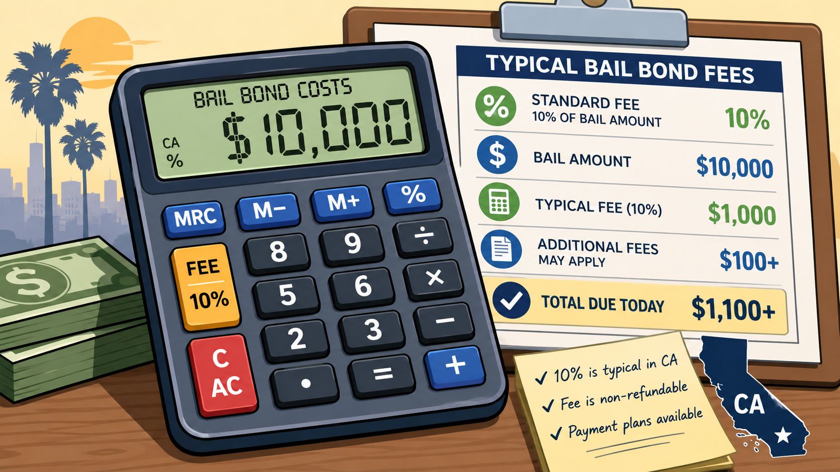 A calculator and a clipboard displaying an infographic explaining typical California bail bond fee structures.