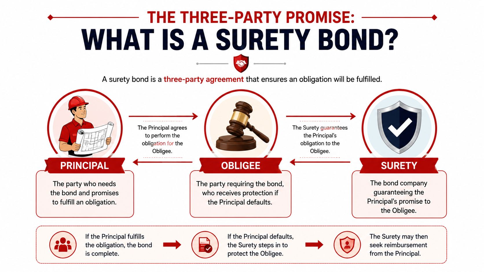 An infographic explaining the three-party agreement of a surety bond between the Principal, Obligee, and Surety.