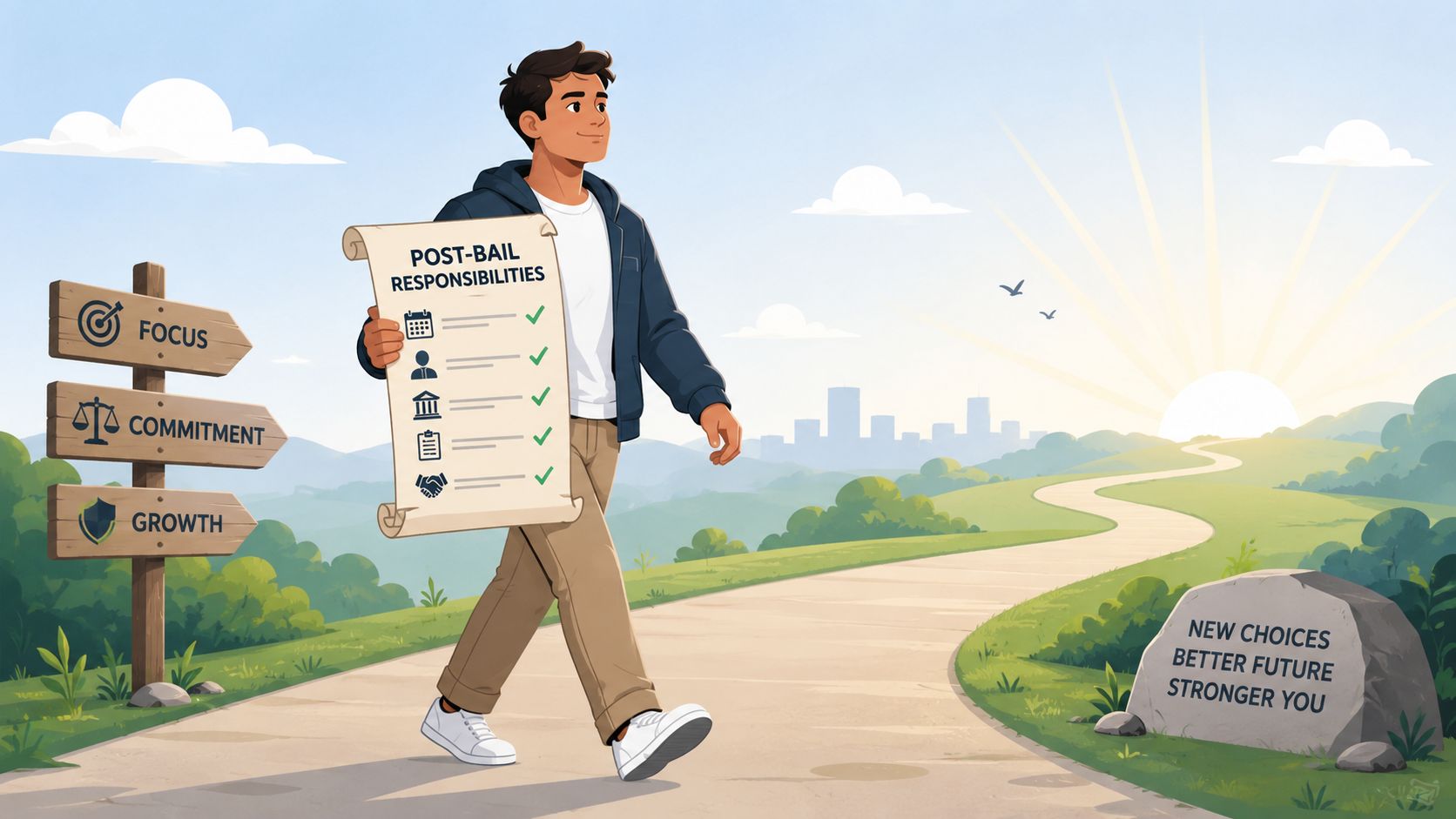 A young man walks confidently toward a sunrise on a path holding a list of post-bail responsibilities.