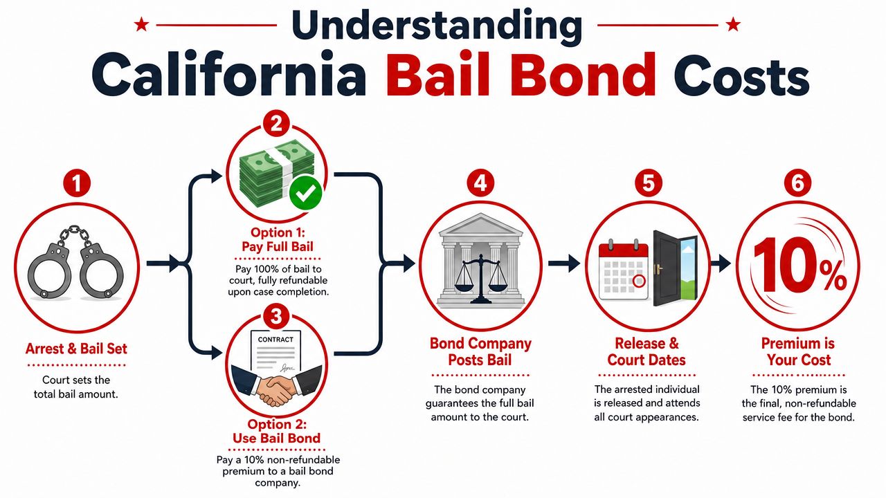 A diagram explaining the process of bail bond costs in California, comparing paying full bail versus using a bond company.