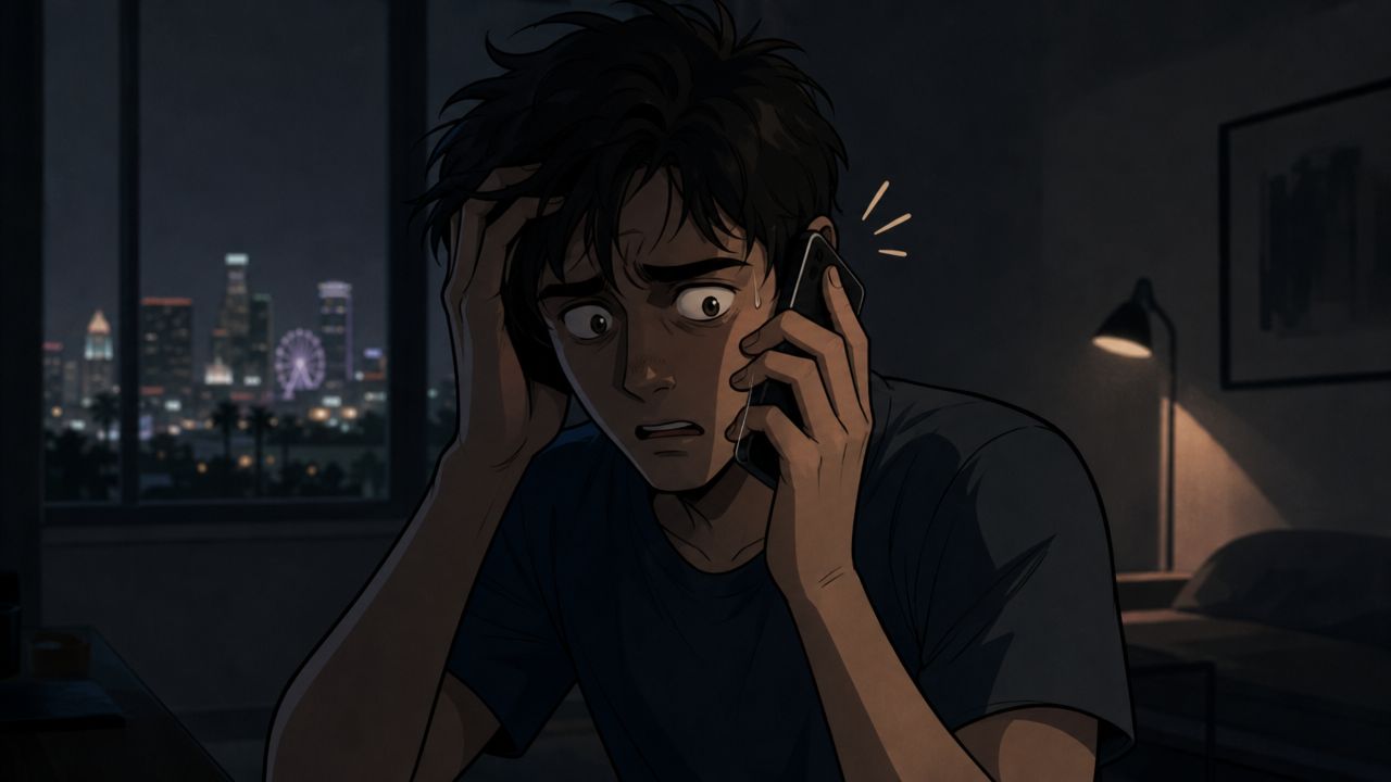 A distressed young man talking on his smartphone while sitting in a dark room at night.