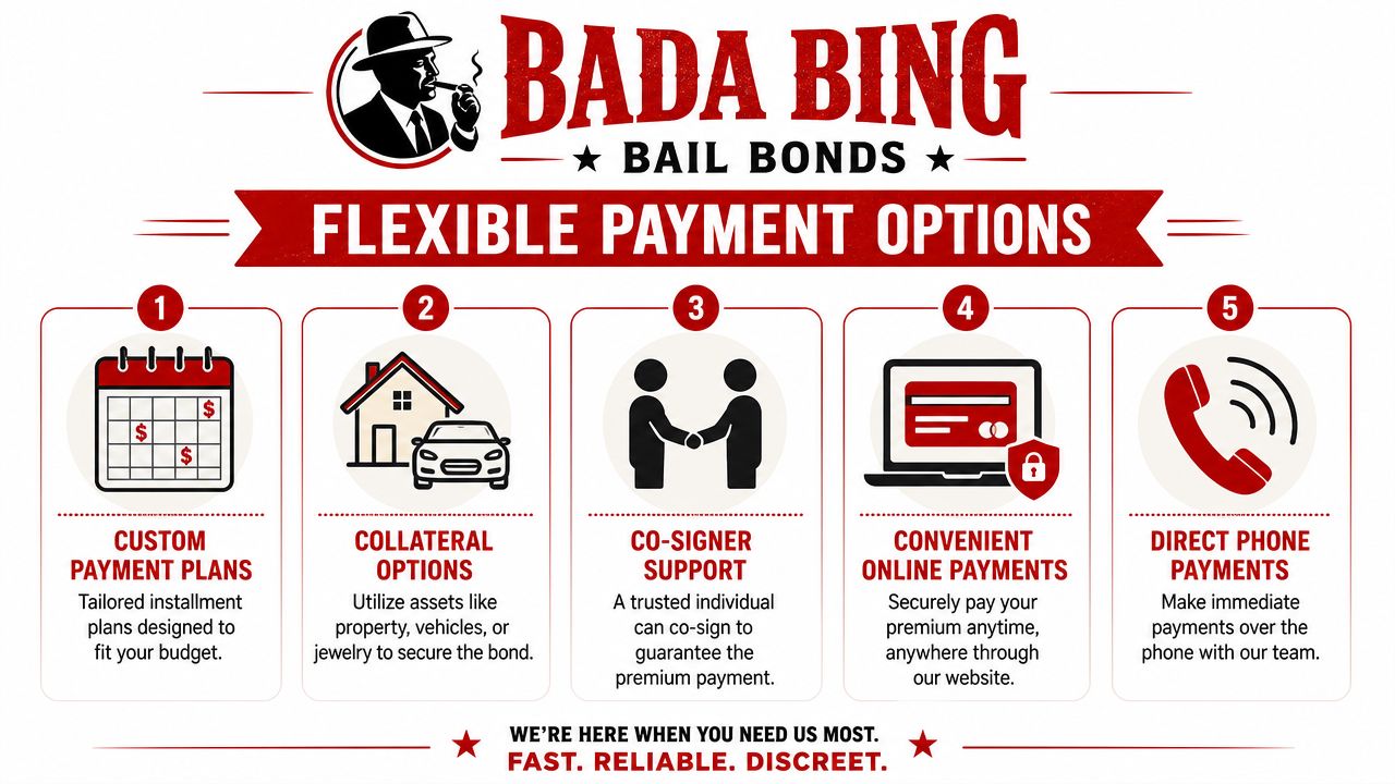 An infographic showing five flexible payment options provided by Bada Bing Bail Bonds for their services.