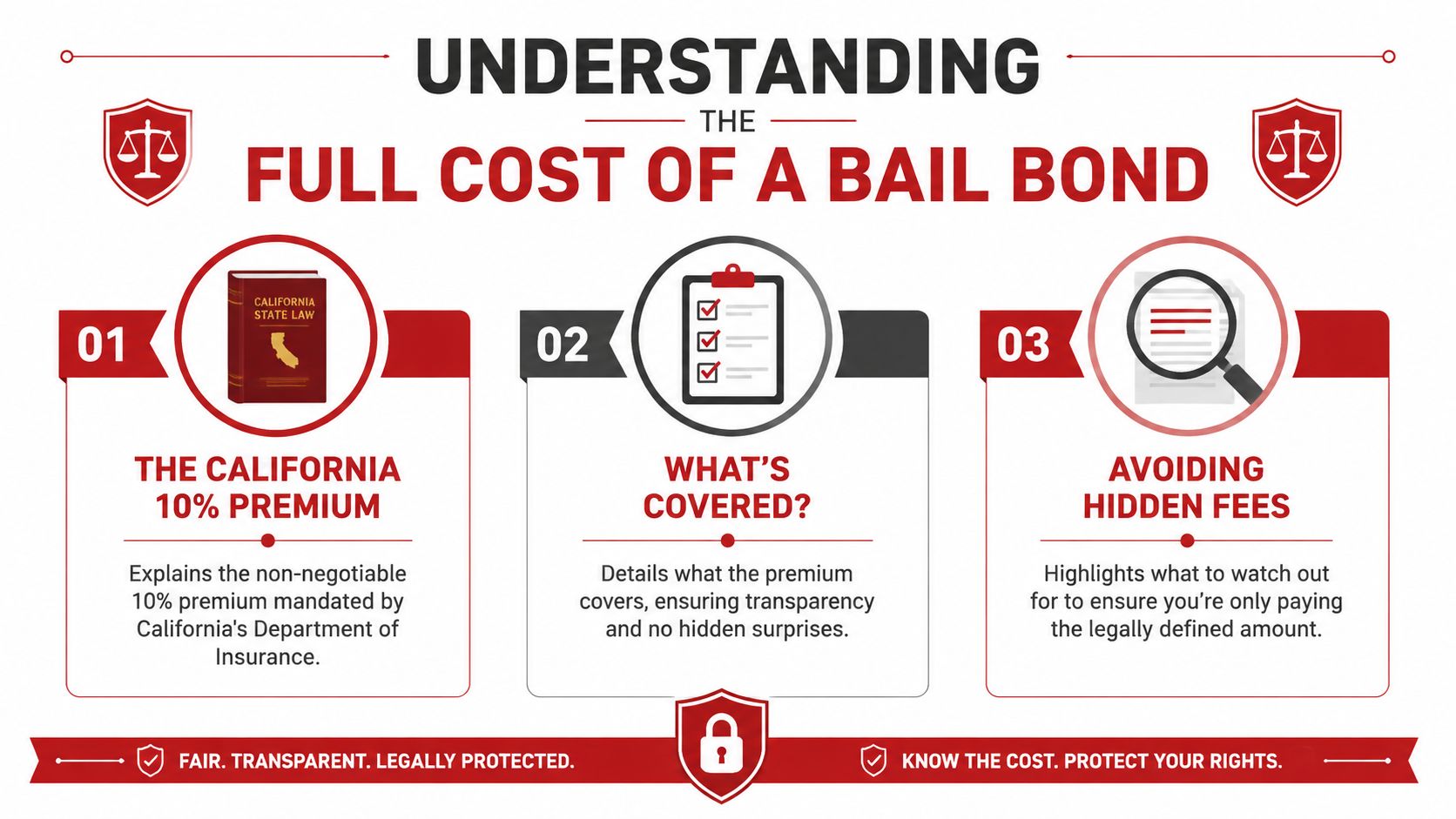 An infographic titled Understanding the Full Cost of a Bail Bond, explaining California regulations and fees.