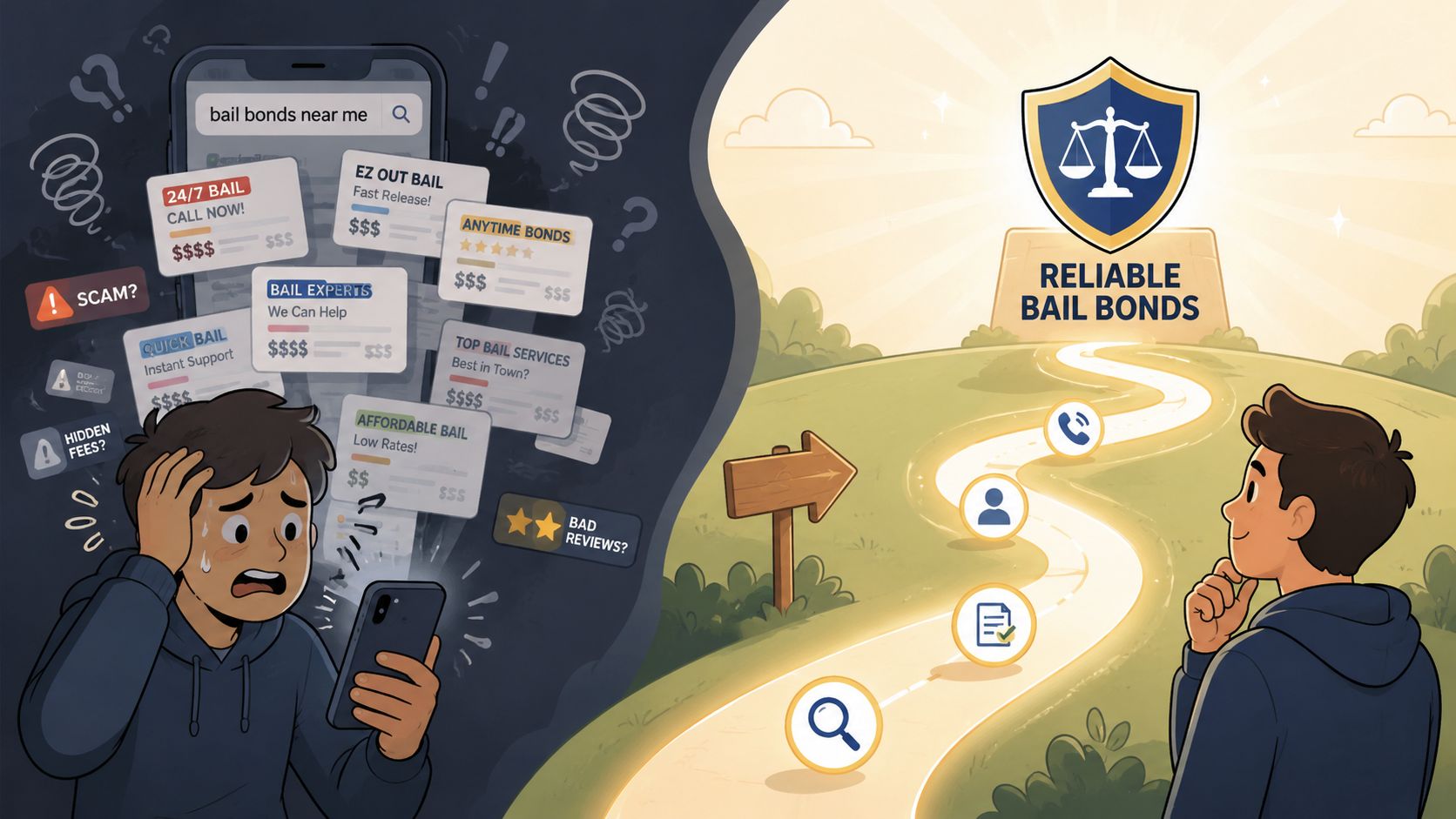 A split image showing a stressed person searching online versus a calm person choosing reliable bail bonds.