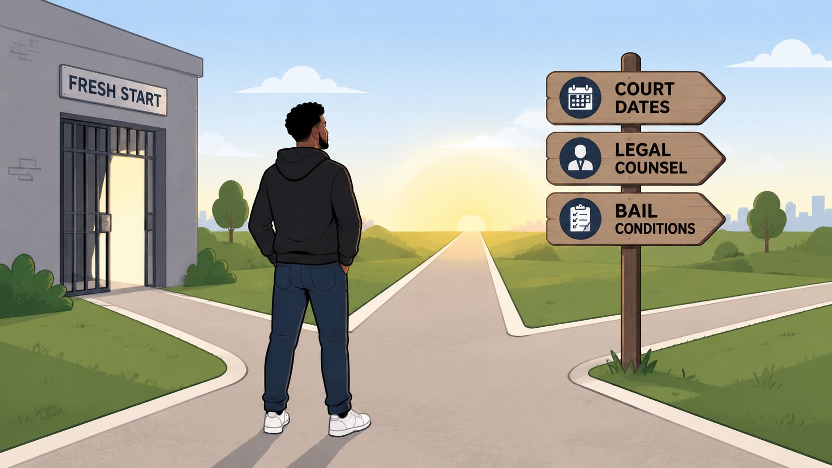 A young man standing at a crossroads between a prison facility and a signpost showing legal information.
