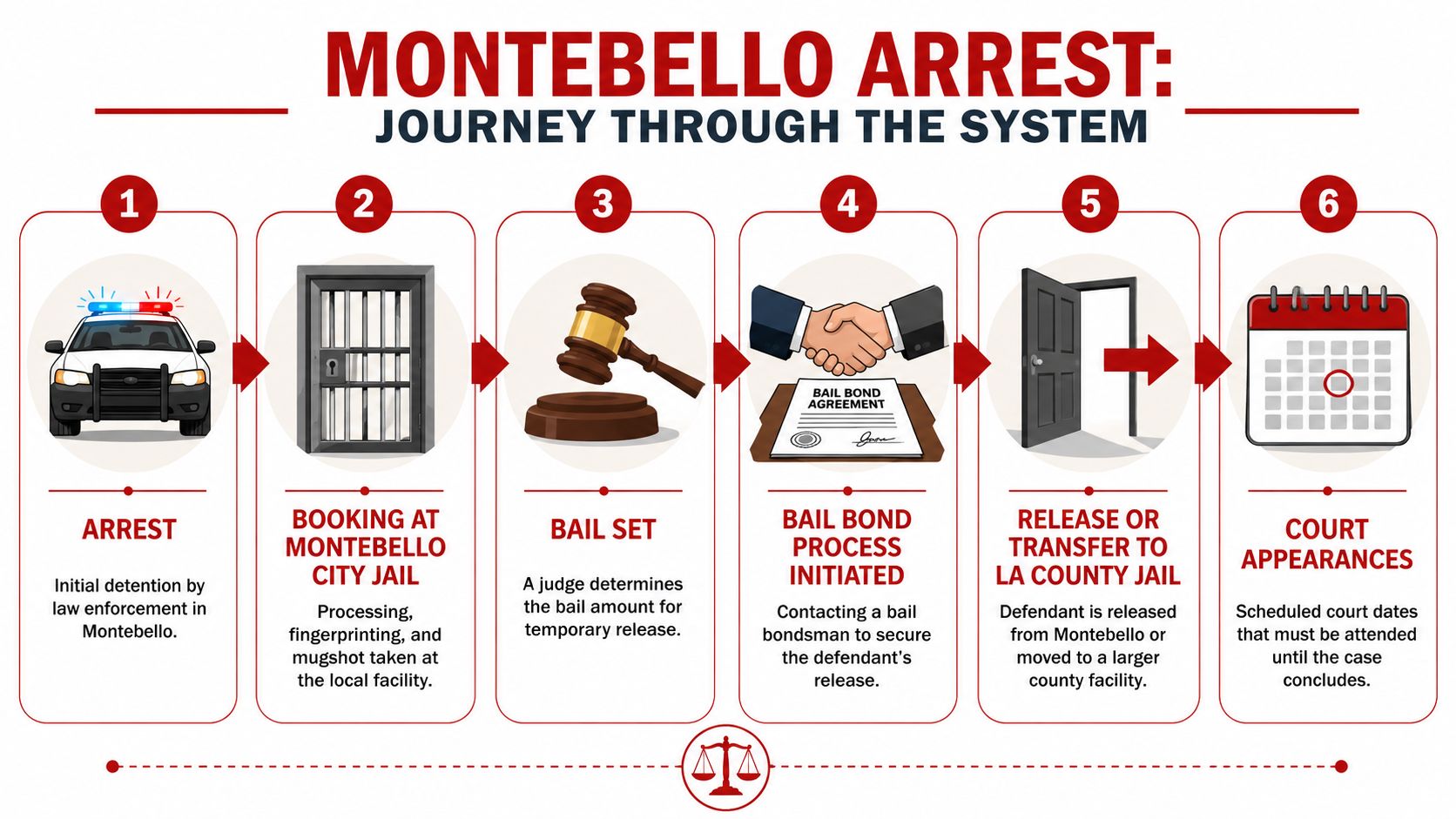 A six-step infographic illustrating the legal arrest process in Montebello, from initial detention to court appearances.