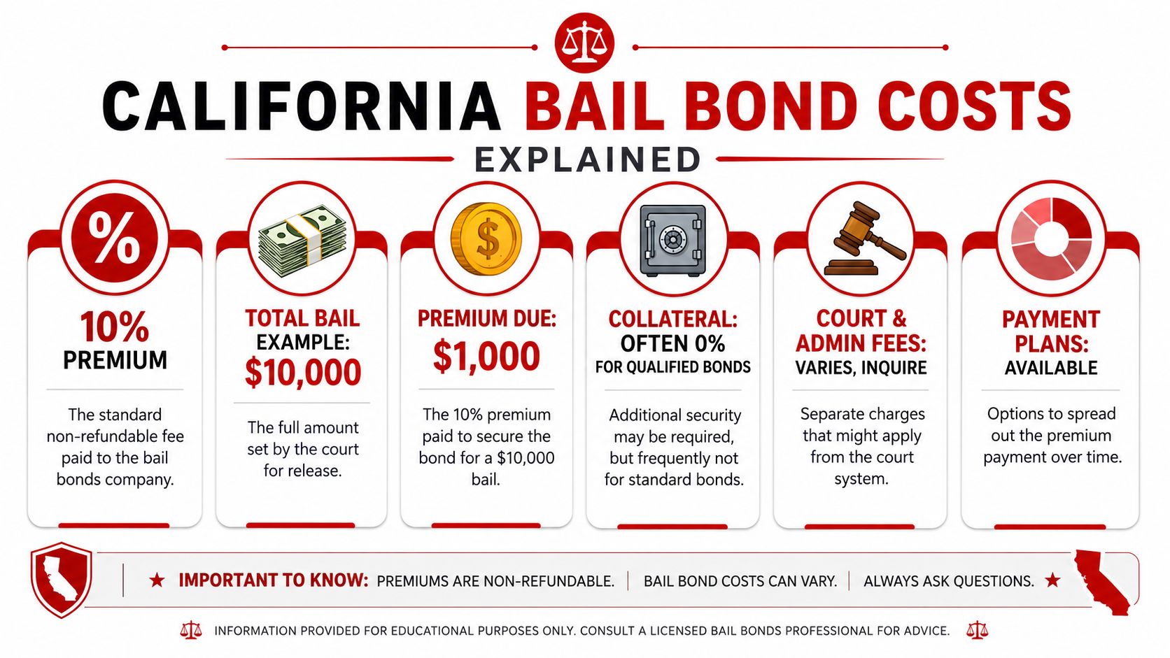An infographic titled California Bail Bond Costs Explained detailing fees, premiums, collateral, and payment options for bail bonds.