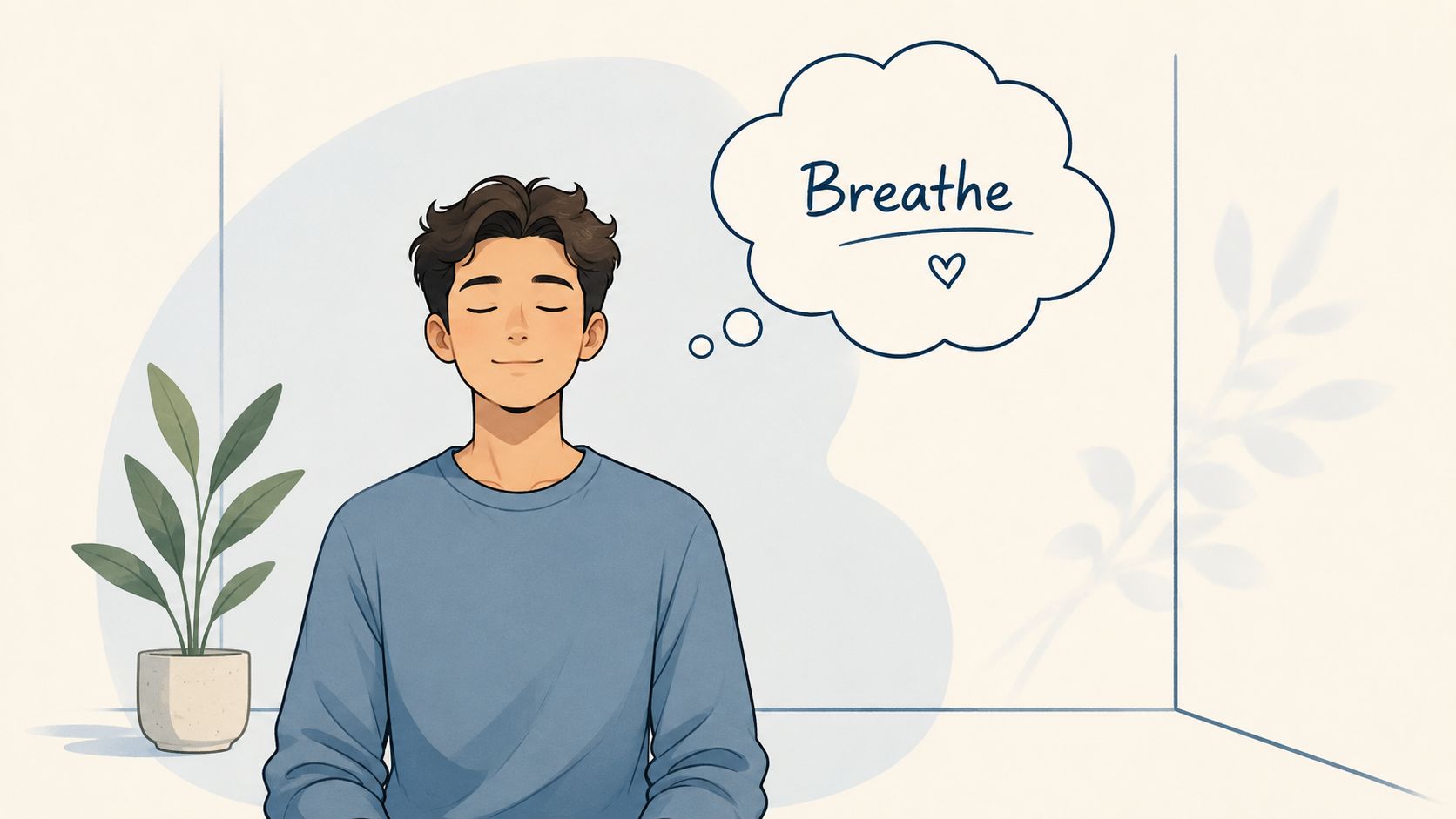A serene young man meditating calmly with a thought bubble above his head containing the word Breathe.