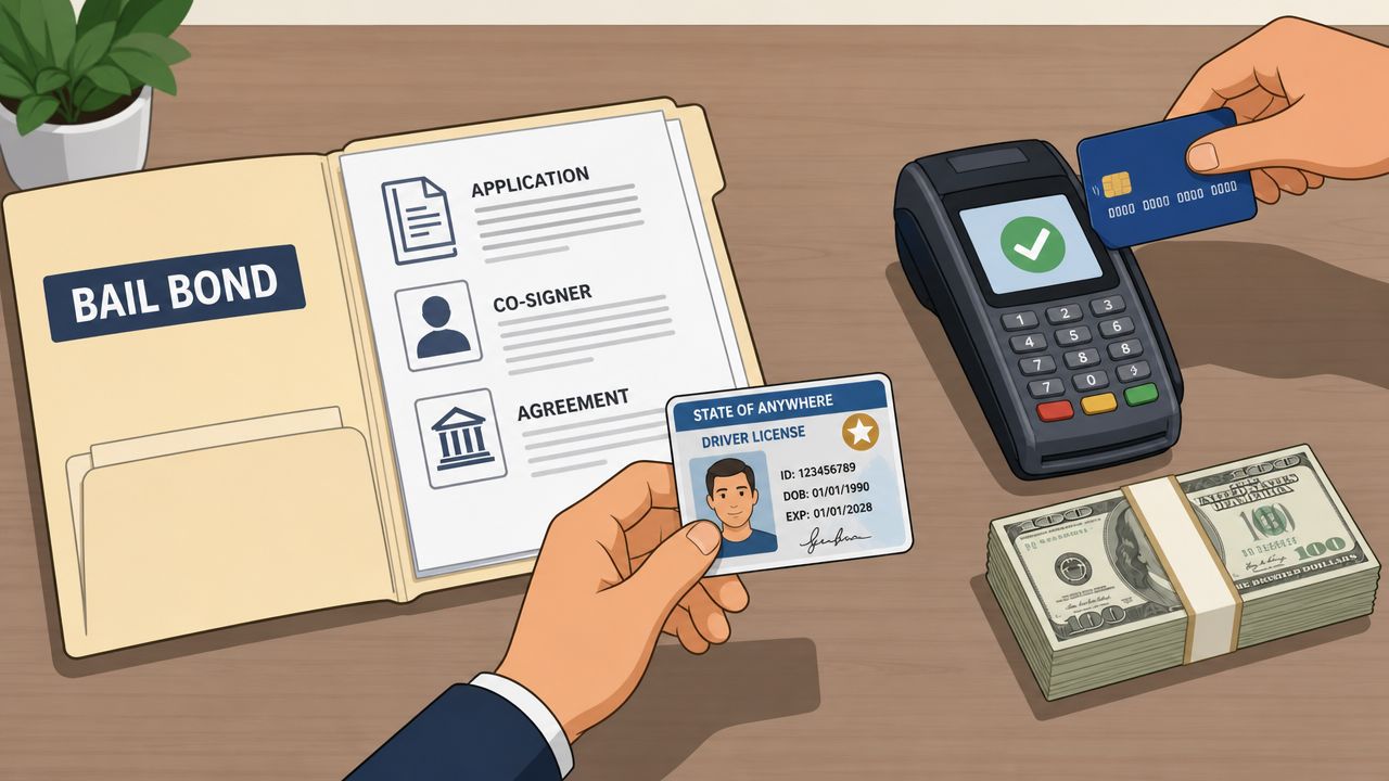 A hand holding a driver license over a desk with a bail bond folder and payment terminal.
