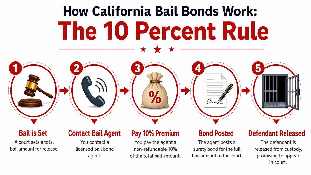 An infographic detailing the five-step process of how California bail bonds work using the 10 percent rule.