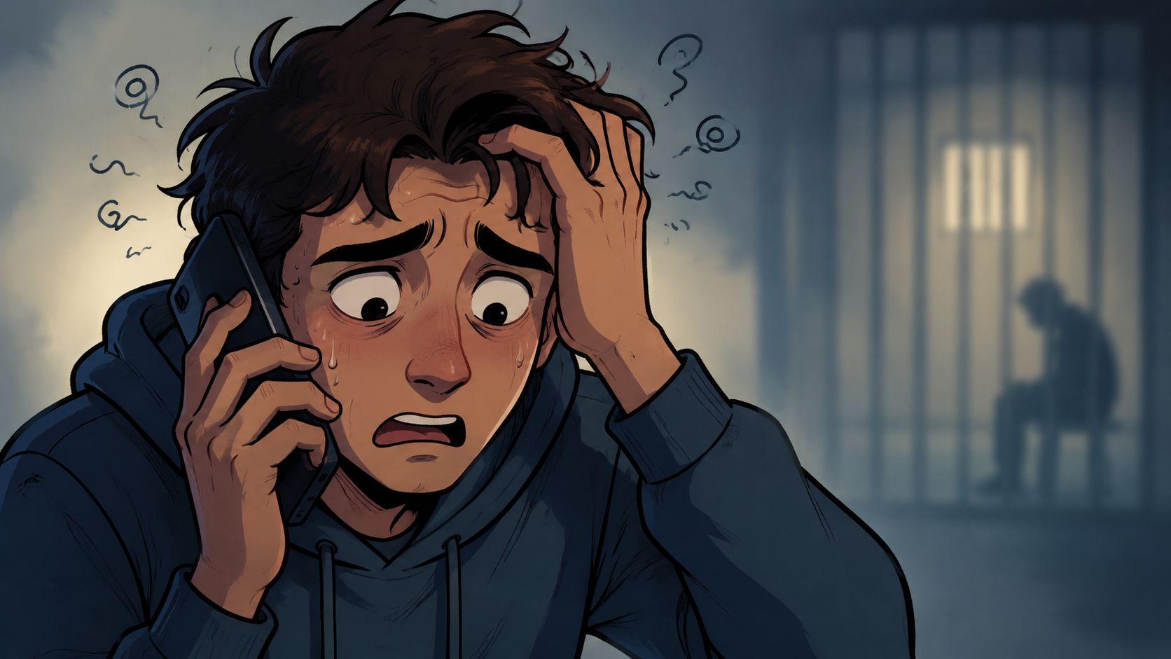 A distressed man sweating while talking on the phone with a jail cell silhouette in the background.