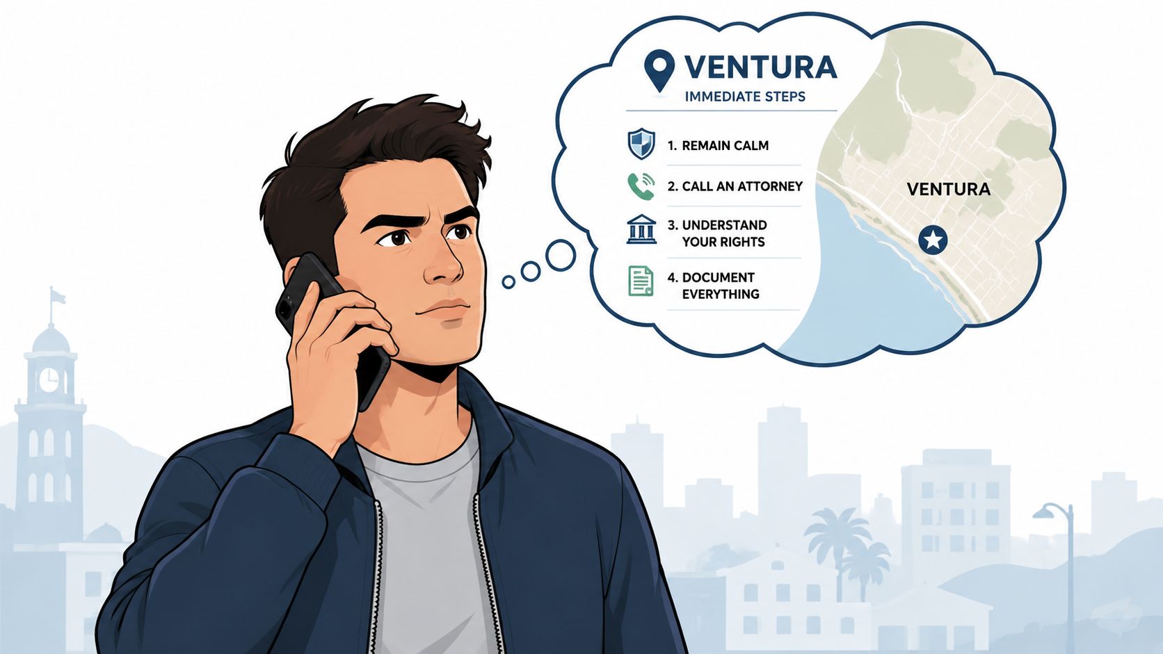 A man on the phone thinking about immediate legal steps and Ventura location map.