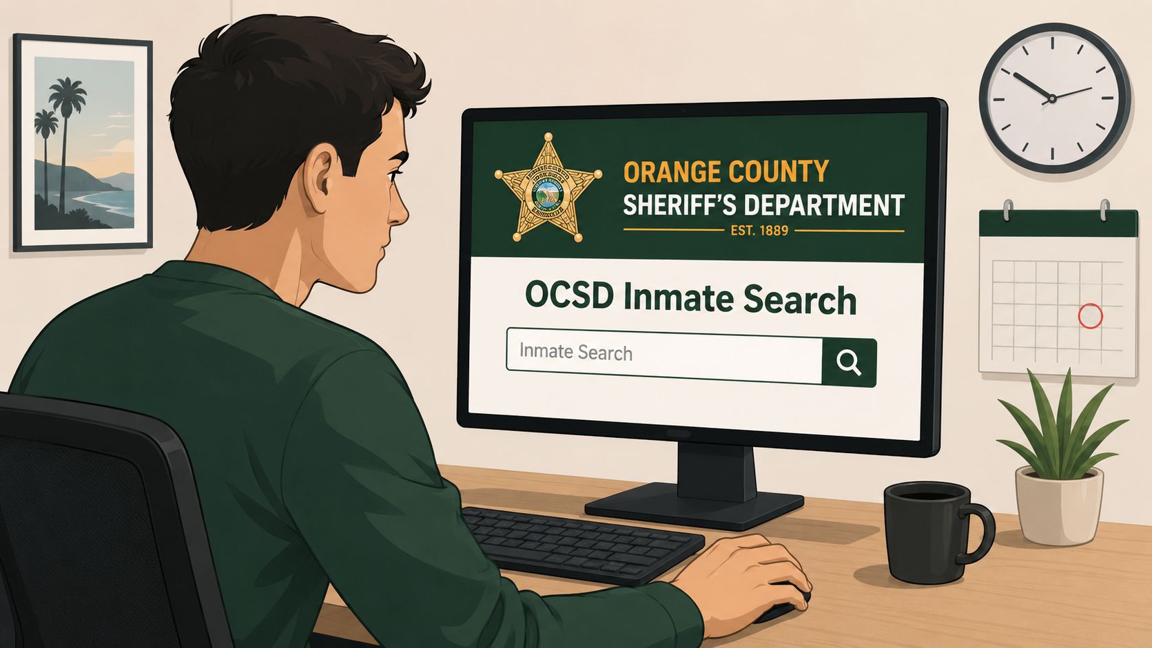 A man sits at a desk using a computer to search the Orange County Sheriff's Department inmate database.