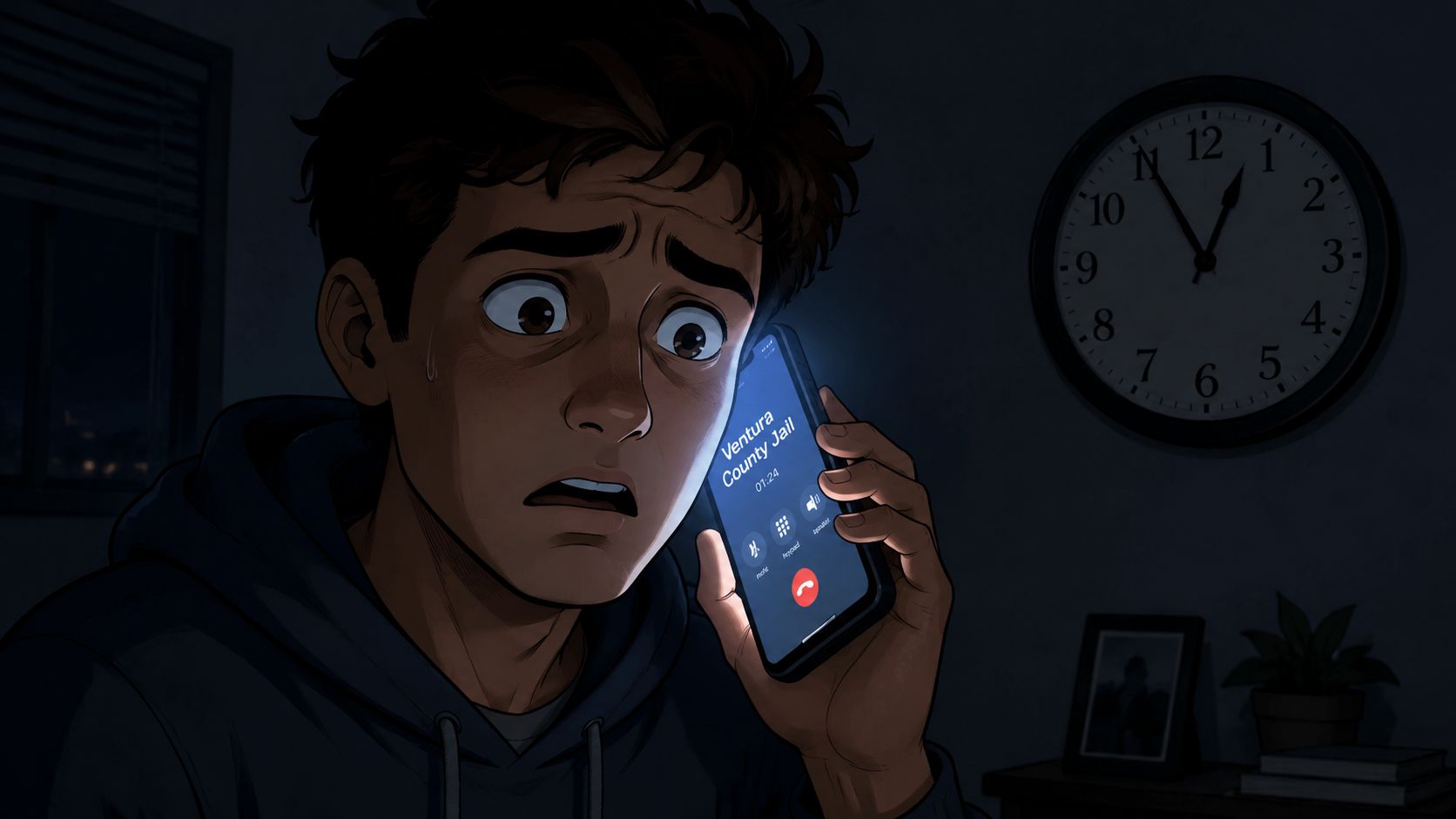 A distressed young man receives a late-night phone call from the Ventura County Jail on his smartphone.