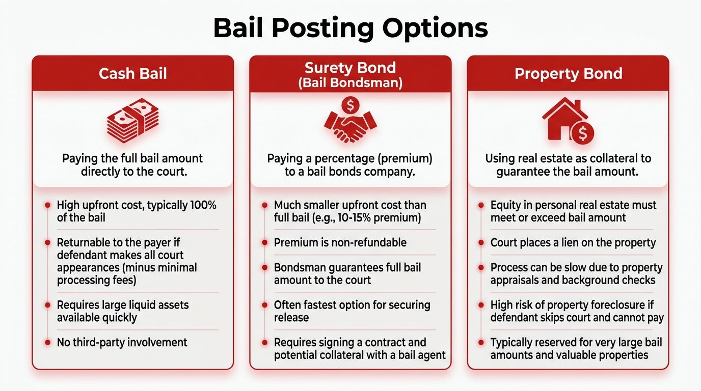 A chart detailing the three main options for posting bail: cash, surety bond, and property bond.
