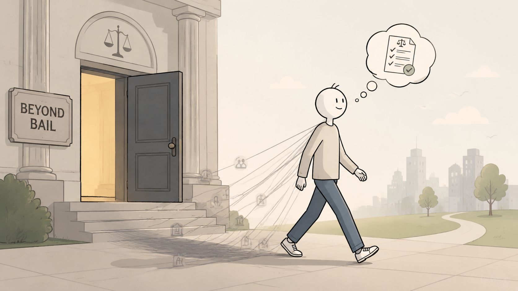 A line drawing of a person walking away from a courthouse labeled Beyond Bail, feeling positive and free.