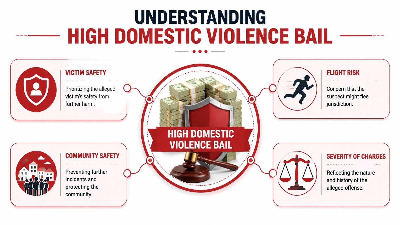An infographic titled Understanding High Domestic Violence Bail, detailing four key factors including safety, risk, and charges.