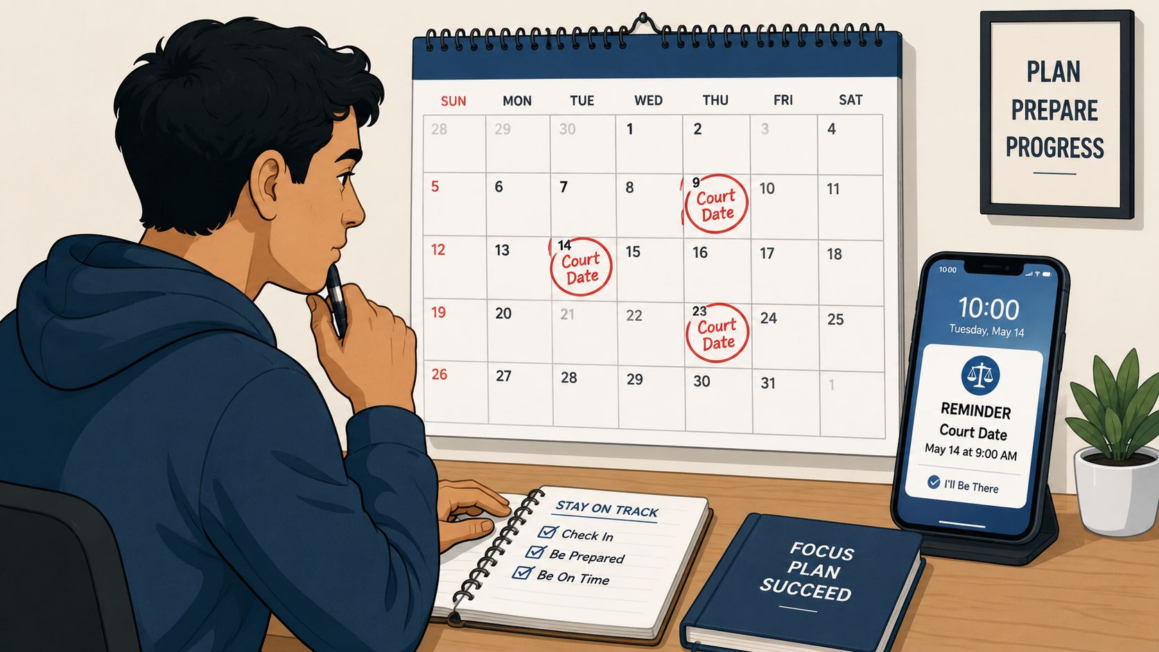 A person looking at a desk with a calendar, planner, and phone displaying a court date reminder.