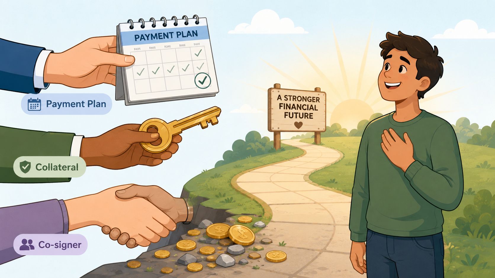 A conceptual illustration showing tools for a stronger financial future including payment plans, collateral, and co-signers.