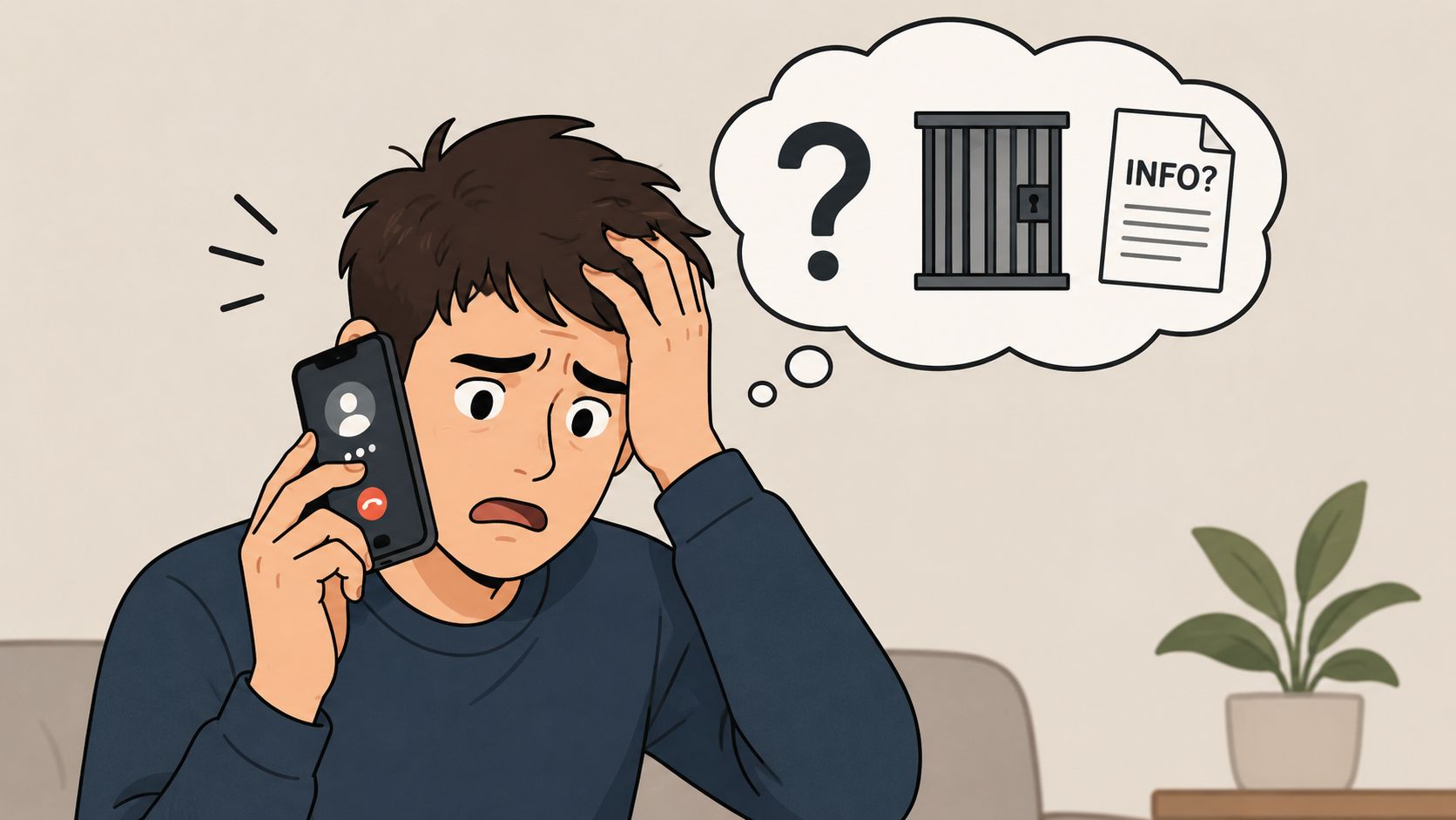 A concerned man looking anxious while talking on his phone about someone being in jail.