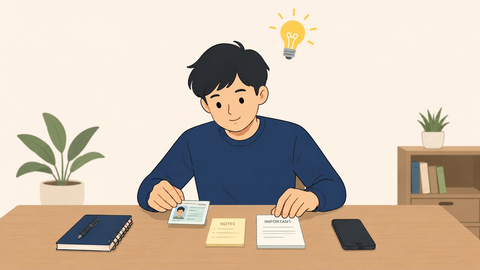 A young man sitting at a wooden desk with a notebook, documents, and an identification card.