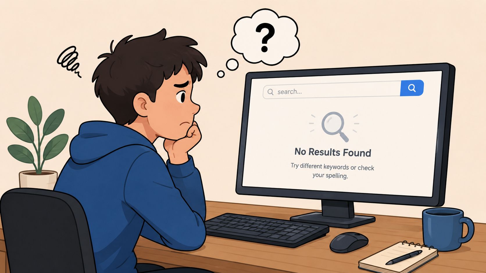 A confused young man looking at a computer screen that displays a No Results Found search error.
