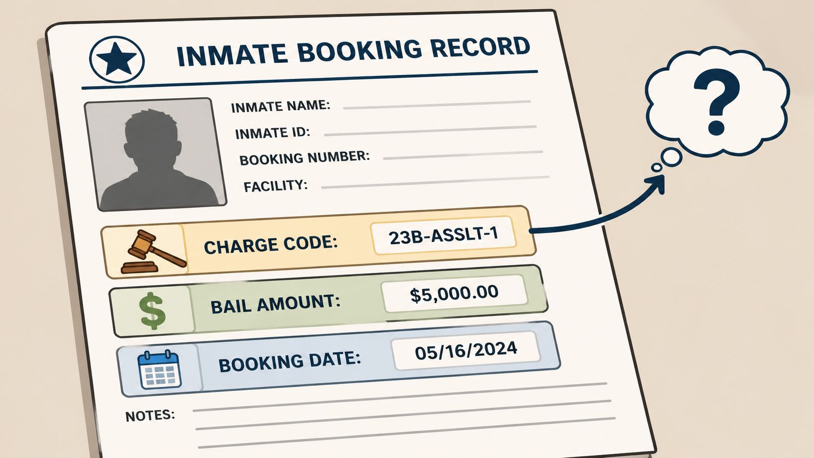 A digital document labeled Inmate Booking Record featuring a charge code, bail amount, and booking date.